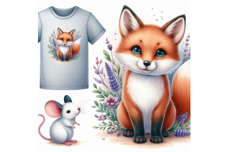 cute-fox-t-shirt-graphics-watercolor-fox-and-mouse-illustration