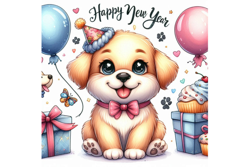 dog-year-greeting-card-cute-cartoon-puppy-watercolor