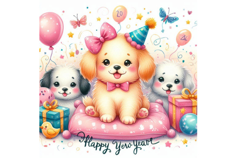 dog-year-greeting-card-cute-cartoon-puppy-watercolor