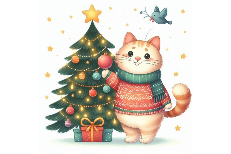 funny-christmas-cat-and-christmas-tree-illustration-for