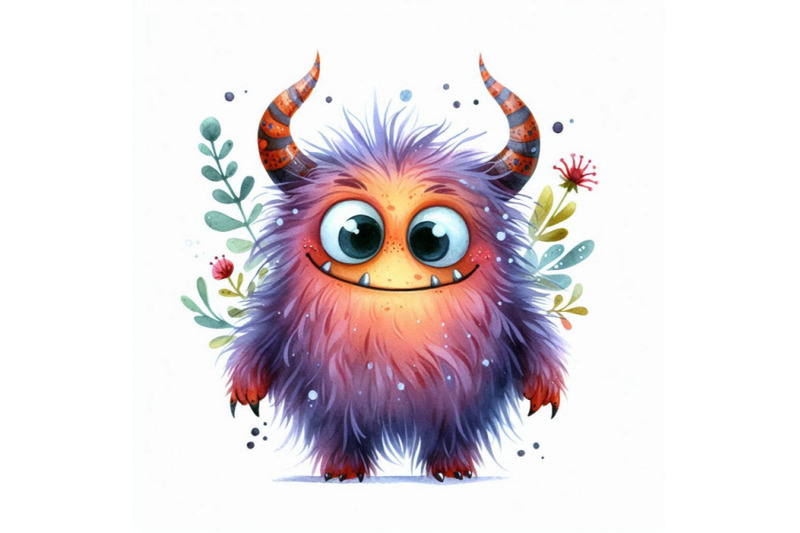 cute-monster-watercolor-illustration-fluffy-monster-cartoon-cute