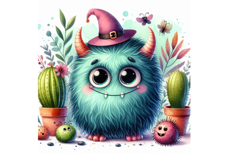 cute-monster-watercolor-illustration-fluffy-monster-cartoon-cute