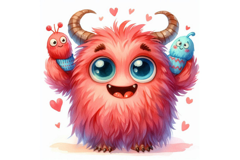 cute-monster-watercolor-illustration-fluffy-monster-cartoon-cute