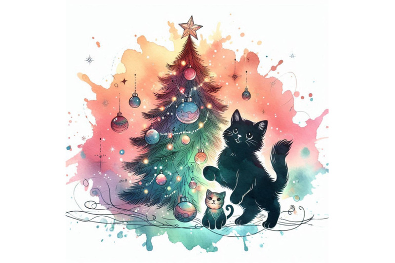 new-year-christmas-tree-and-kitten-watercolor-backgro