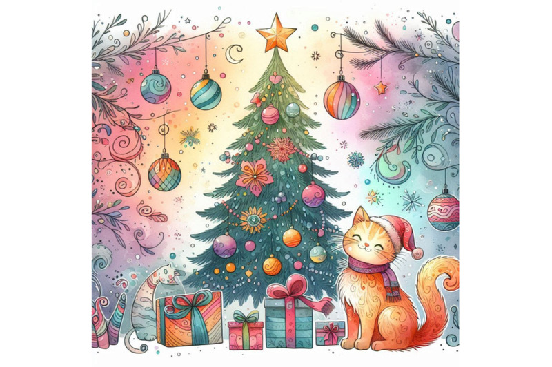 new-year-christmas-tree-and-kitten-watercolor-backgro