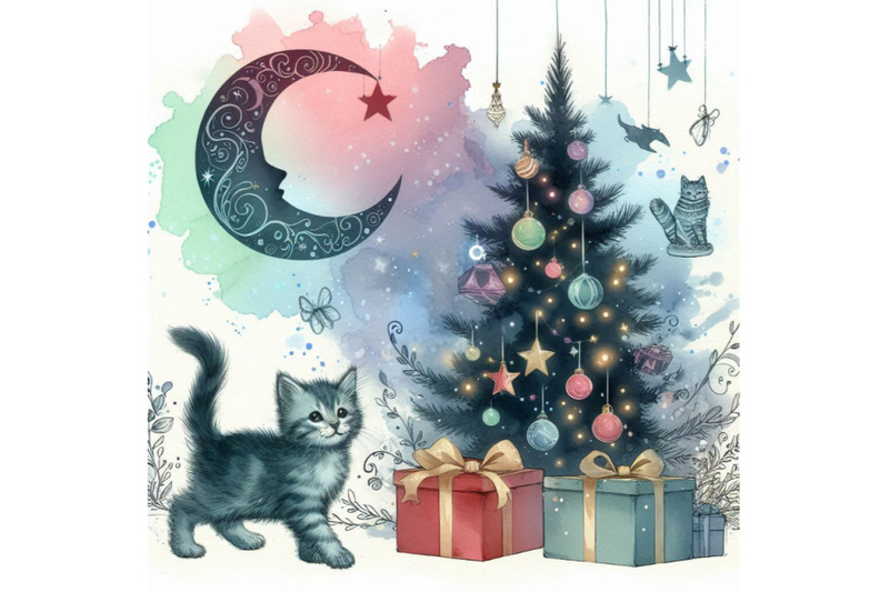 new-year-christmas-tree-and-kitten-watercolor-backgro