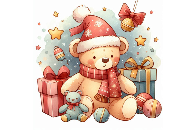 new-year-toy-bear-christmas-background-watercolor-ill