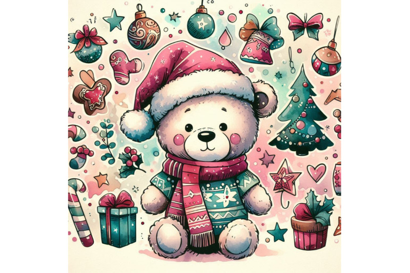 new-year-toy-bear-christmas-background-watercolor-ill