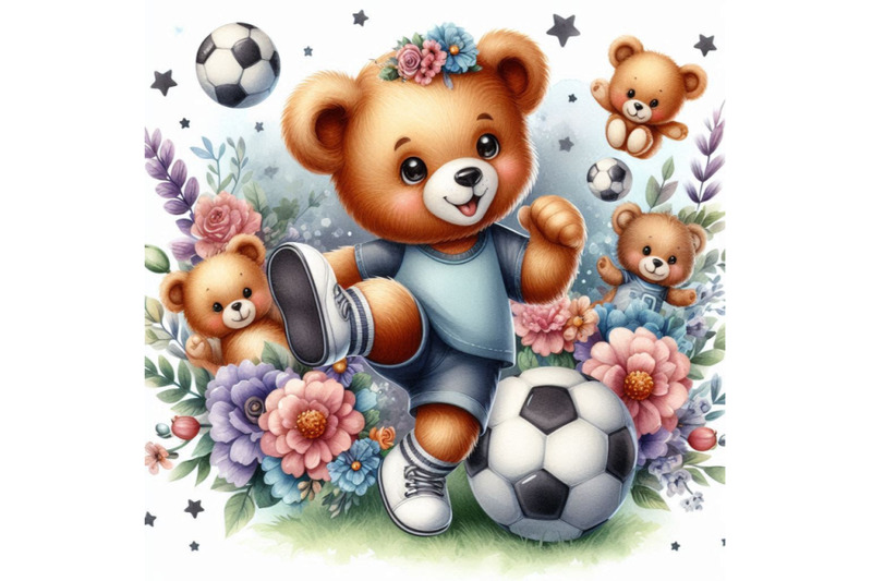 cute-teddy-bear-play-in-football-watercolor-pattern