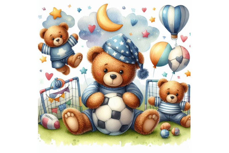 cute-teddy-bear-play-in-football-watercolor-pattern