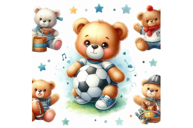 cute-teddy-bear-play-in-football-watercolor-pattern