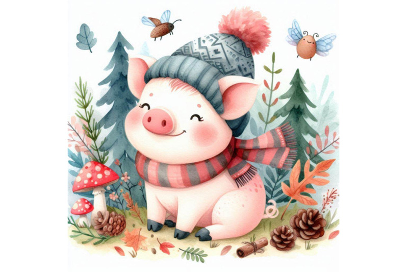 cute-watercolor-cartoon-pig-forest-animal-illustration