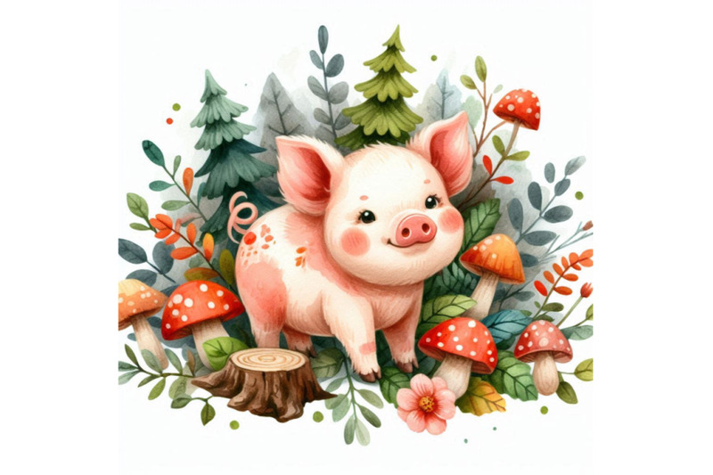 cute-watercolor-cartoon-pig-forest-animal-illustration