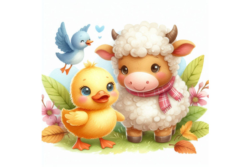 cute-watercolor-cartoon-sheep-and-duck-farm-animals