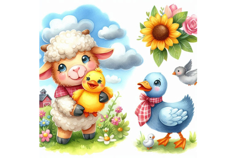 cute-watercolor-cartoon-sheep-and-duck-farm-animals