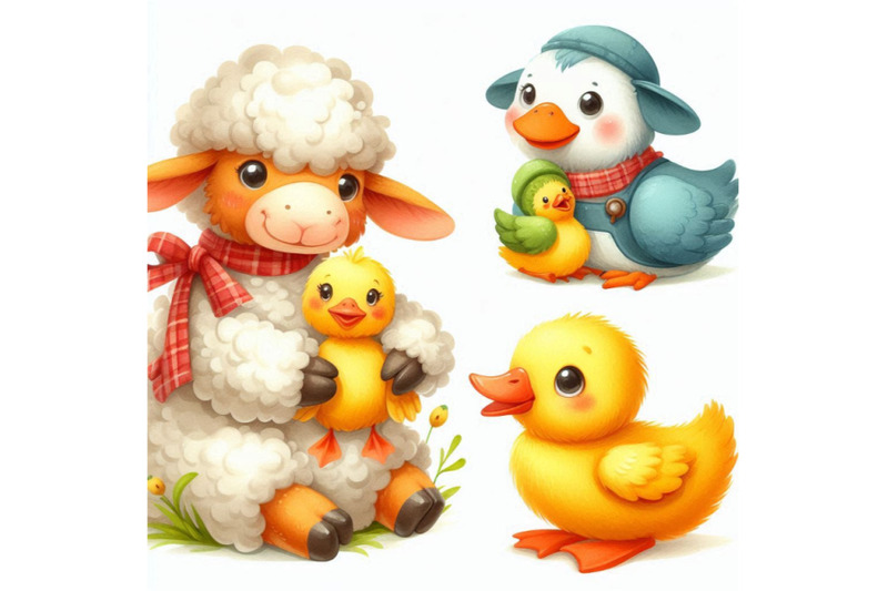 cute-watercolor-cartoon-sheep-and-duck-farm-animals