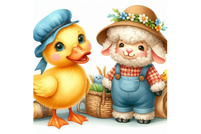 cute-watercolor-cartoon-sheep-and-duck-farm-animals