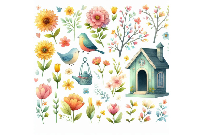 spring-flowers-garden-decor-bird-house-and-birds-wafunny-animal-cu