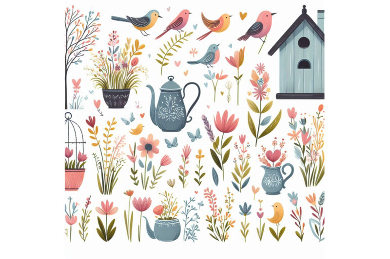 spring-flowers-garden-decor-bird-house-and-birds-wafunny-animal-cu