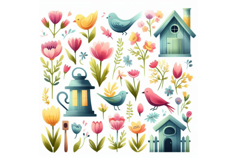 spring-flowers-garden-decor-bird-house-and-birds-wafunny-animal-cu