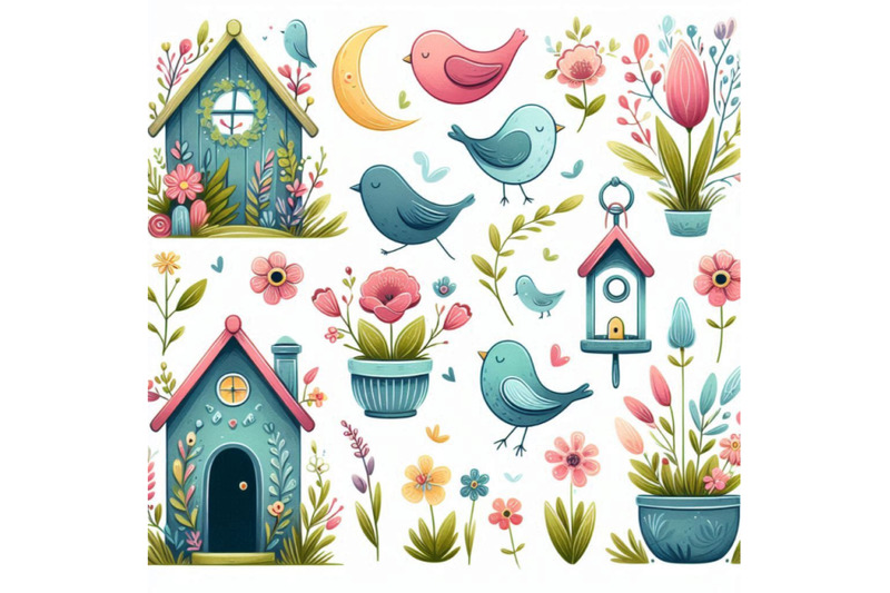 spring-flowers-garden-decor-bird-house-and-birds-wafunny-animal-cu