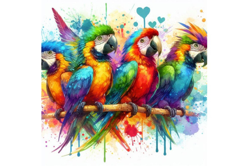 funny-colorful-parrots-with-watercolor-splash-textured