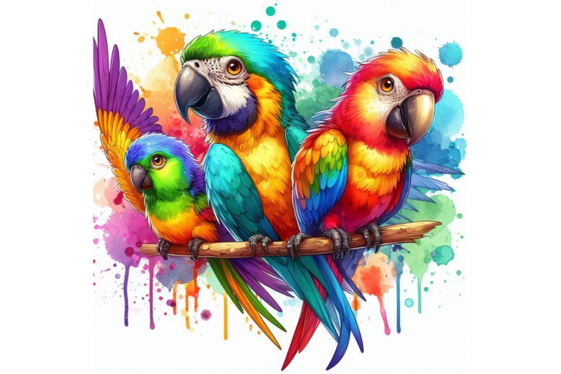 funny-colorful-parrots-with-watercolor-splash-textured