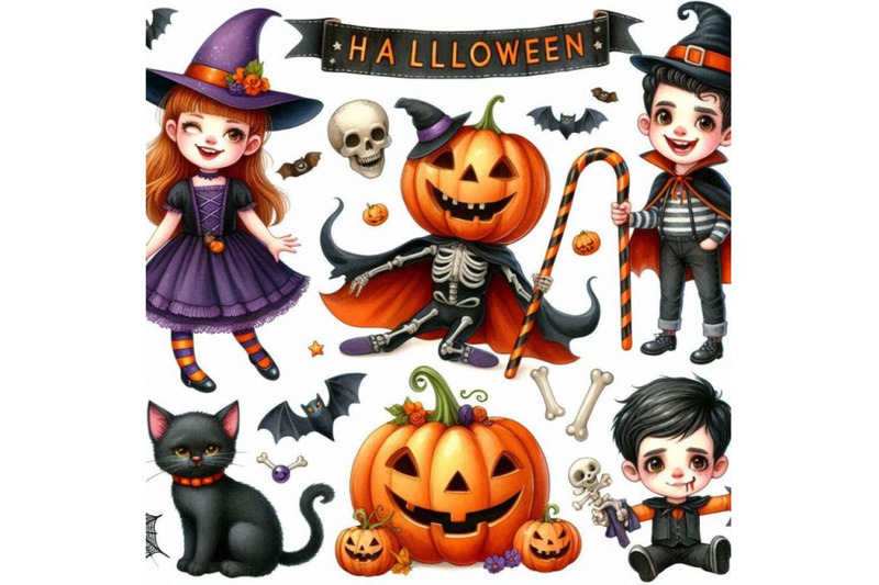 halloween-holiday-banner-little-girl-witch-skeleton-boy-black-cat