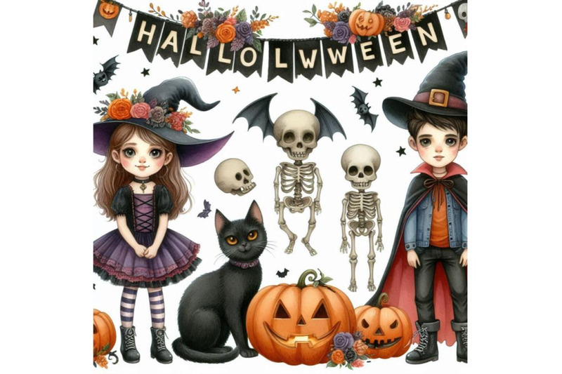 halloween-holiday-banner-little-girl-witch-skeleton-boy-black-cat