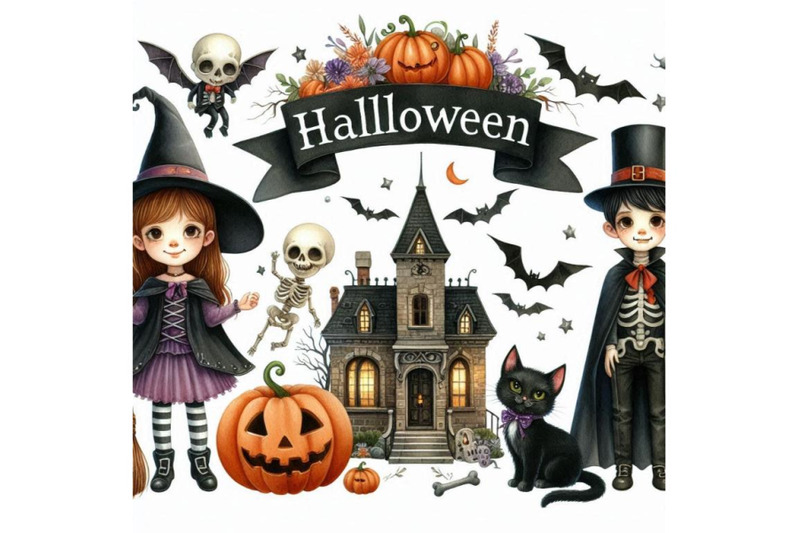 halloween-holiday-banner-little-girl-witch-skeleton-boy-black-cat