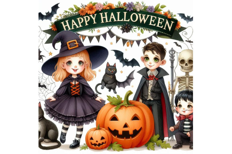 halloween-holiday-banner-little-girl-witch-skeleton-boy-black-cat