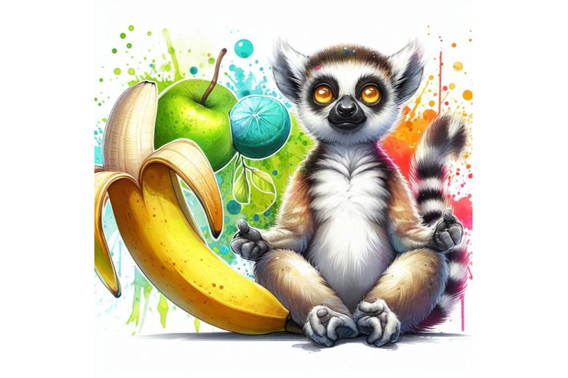 funny-lemur-and-banana-with-watercolor-splash-texture