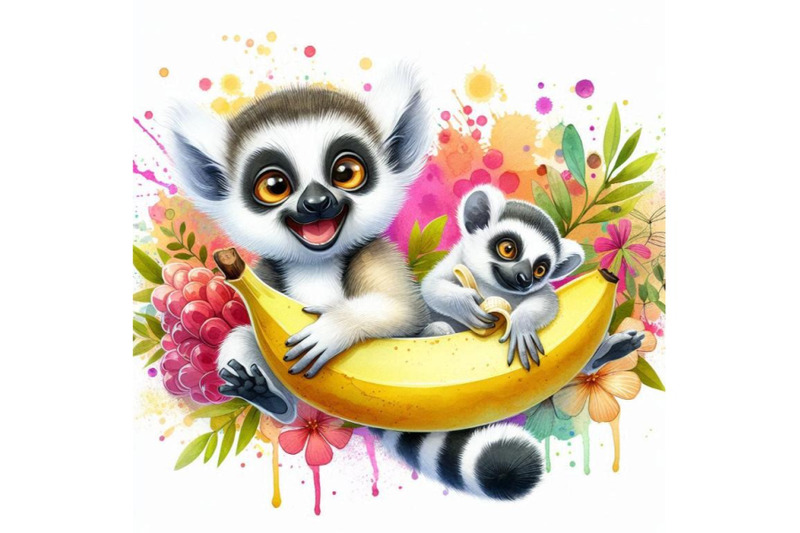 funny-lemur-and-banana-with-watercolor-splash-texture