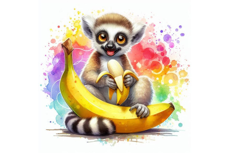 funny-lemur-and-banana-with-watercolor-splash-texture