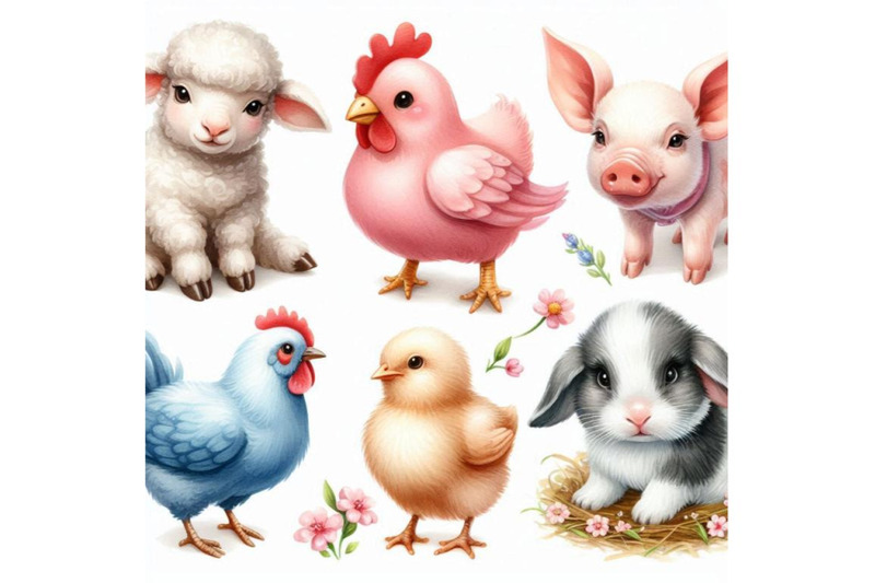 lamb-cute-pig-chiken-rabbit-watercolor-farms-animal