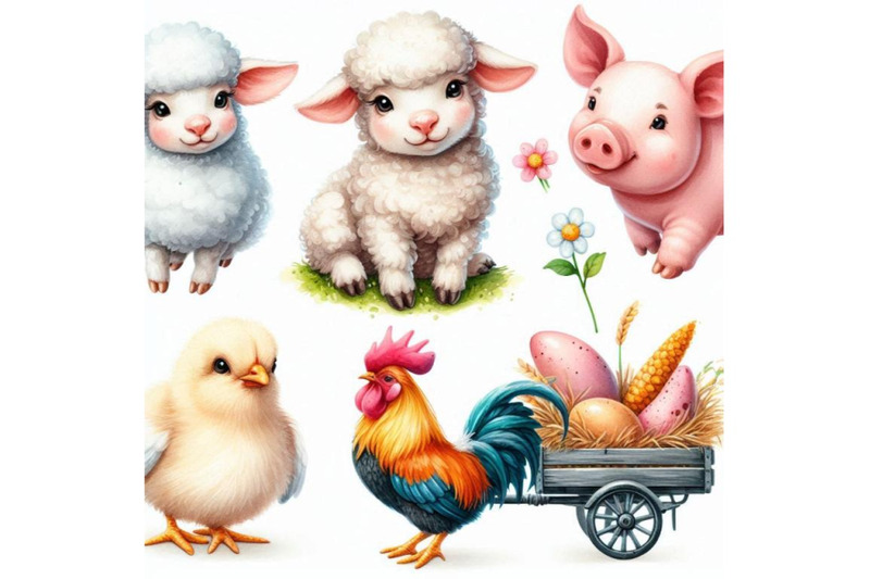 lamb-cute-pig-chiken-rabbit-watercolor-farms-animal