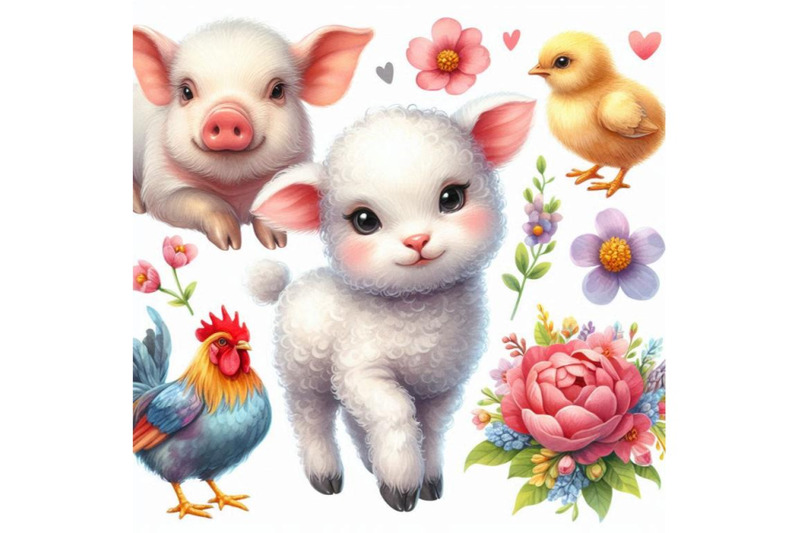 lamb-cute-pig-chiken-rabbit-watercolor-farms-animal