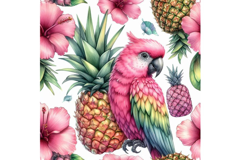 pink-pineapple-parrot-hand-drawn-watercolor-seamless