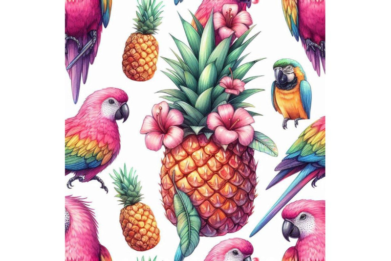 pink-pineapple-parrot-hand-drawn-watercolor-seamless