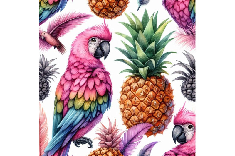 pink-pineapple-parrot-hand-drawn-watercolor-seamless