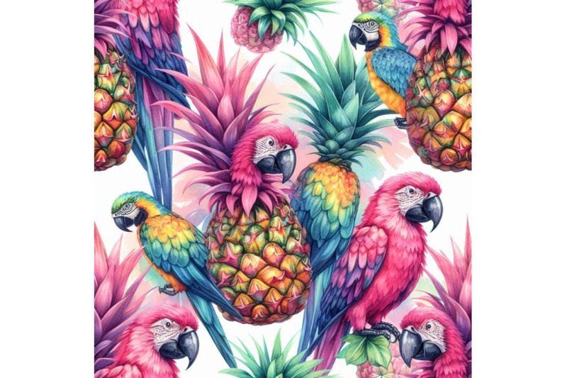 pink-pineapple-parrot-hand-drawn-watercolor-seamless