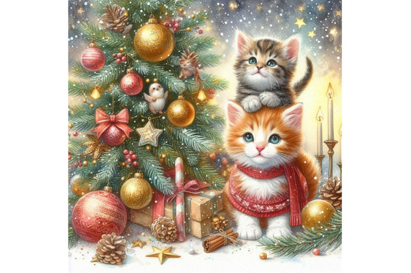 new-year-christmas-tree-and-kitten-watercolor-background