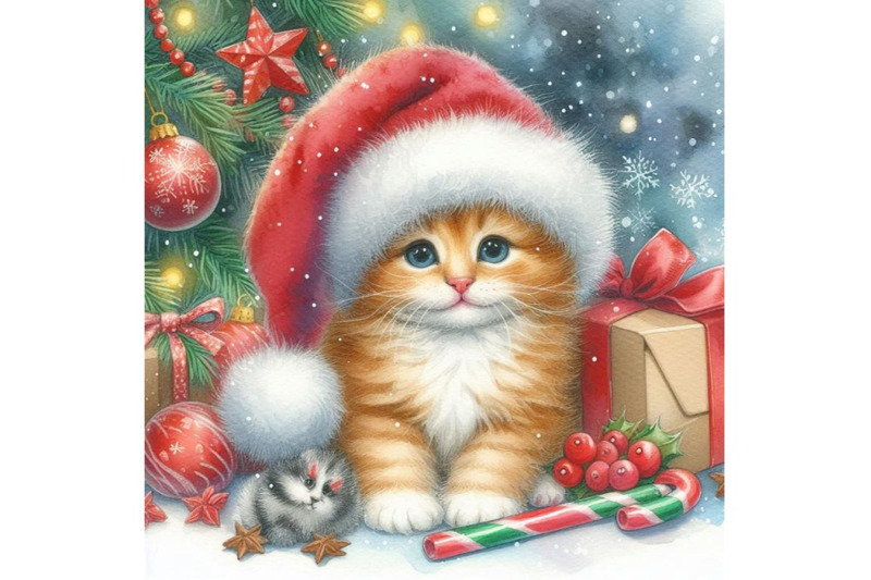 new-year-christmas-tree-and-kitten-watercolor-background