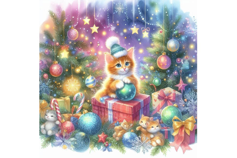 new-year-christmas-tree-and-kitten-watercolor-background