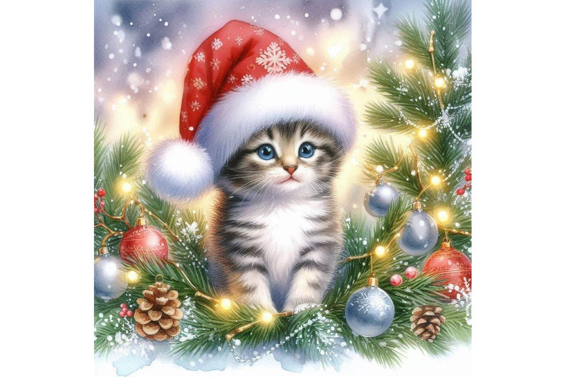 new-year-christmas-tree-and-kitten-watercolor-background