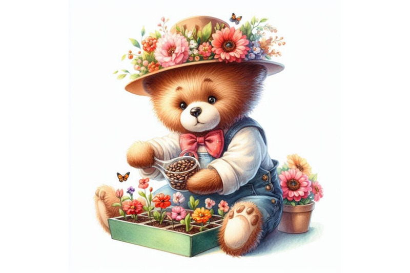 teddy-bear-sells-seeds-of-garden-flowers-watercolor