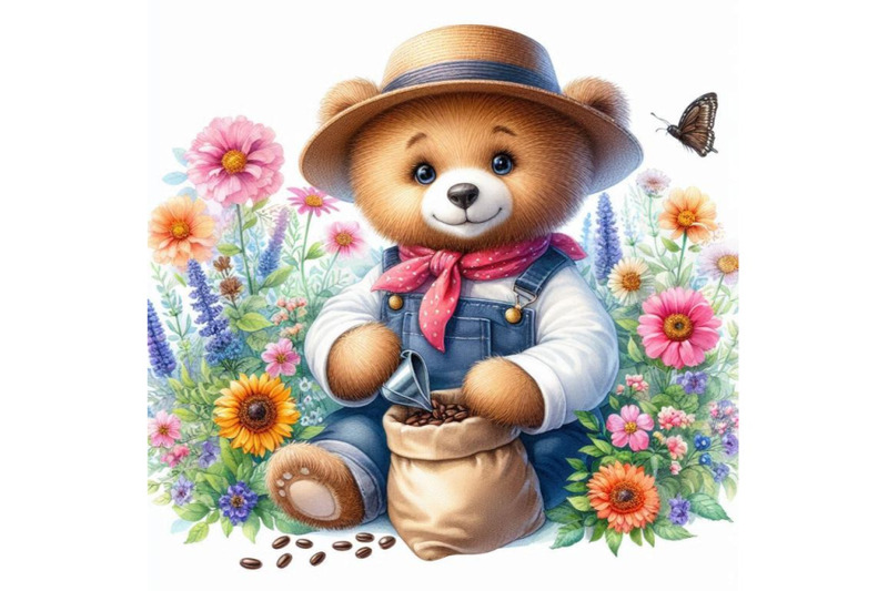 teddy-bear-sells-seeds-of-garden-flowers-watercolor