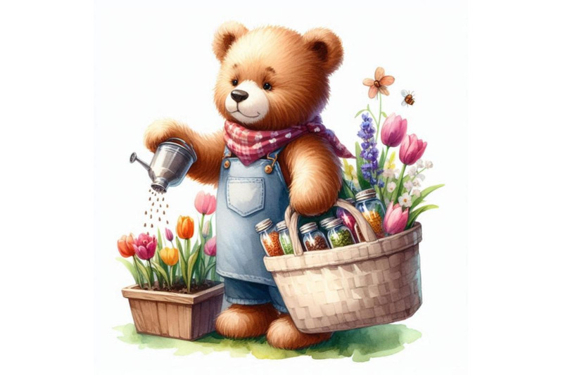 teddy-bear-sells-seeds-of-garden-flowers-watercolor