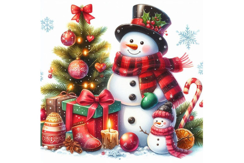 new-year-snowman-and-christmas-decoration-watercolor