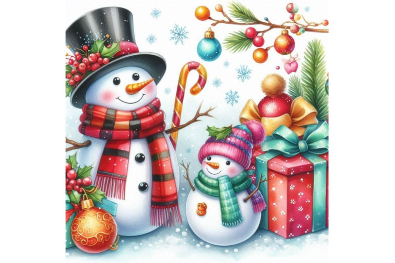 new-year-snowman-and-christmas-decoration-watercolor